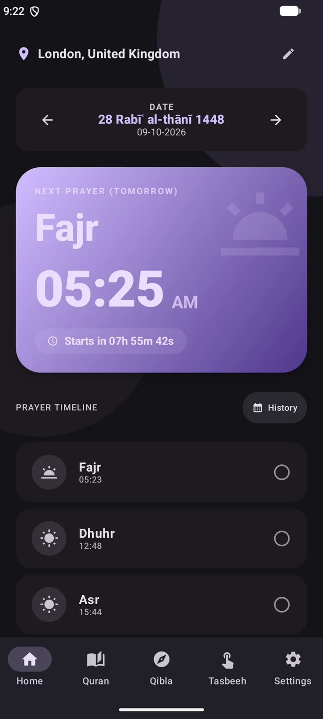 Adhan in dark mode showing London prayer times, the next Fajr prayer and the daily prayer timeline.