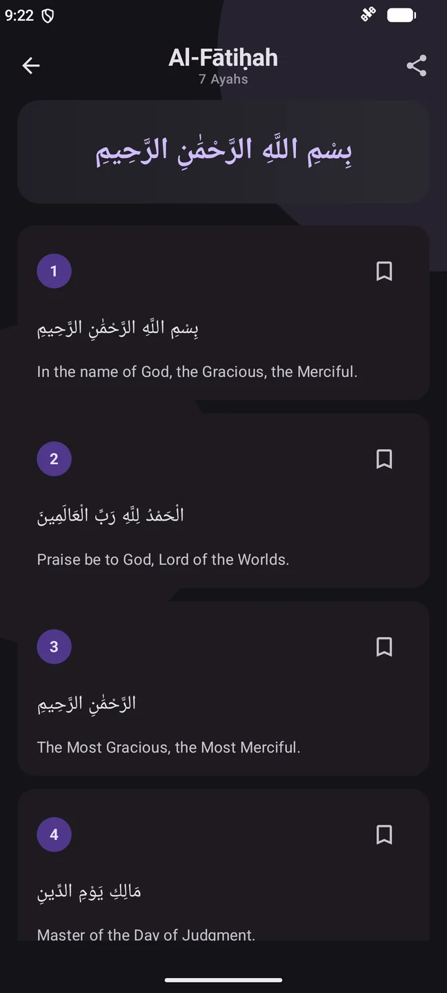 Al-Fatihah displayed in Arabic with an English translation and ayah bookmarks.