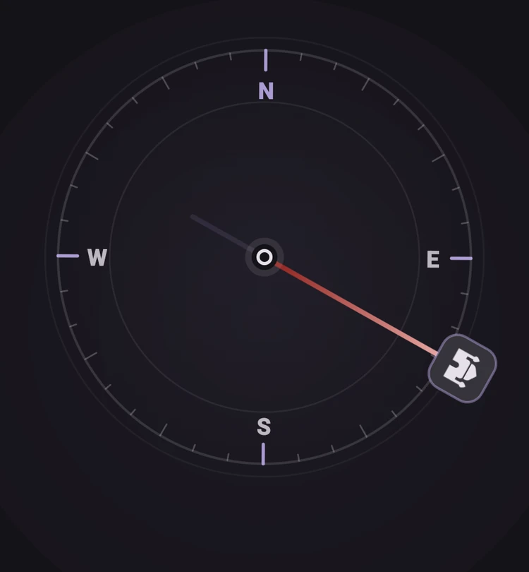 Adhan’s Qibla compass pointing toward the Kaaba from London.